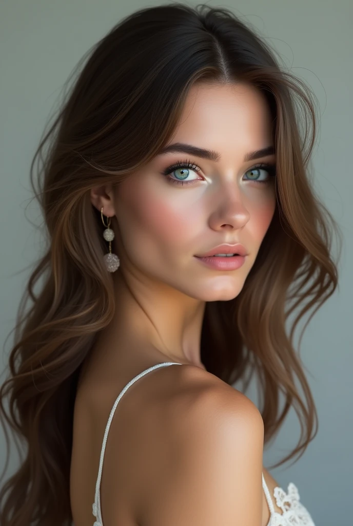 (photorealism:1.2), a woman with blue eyes and brown hair and we can see his entier body