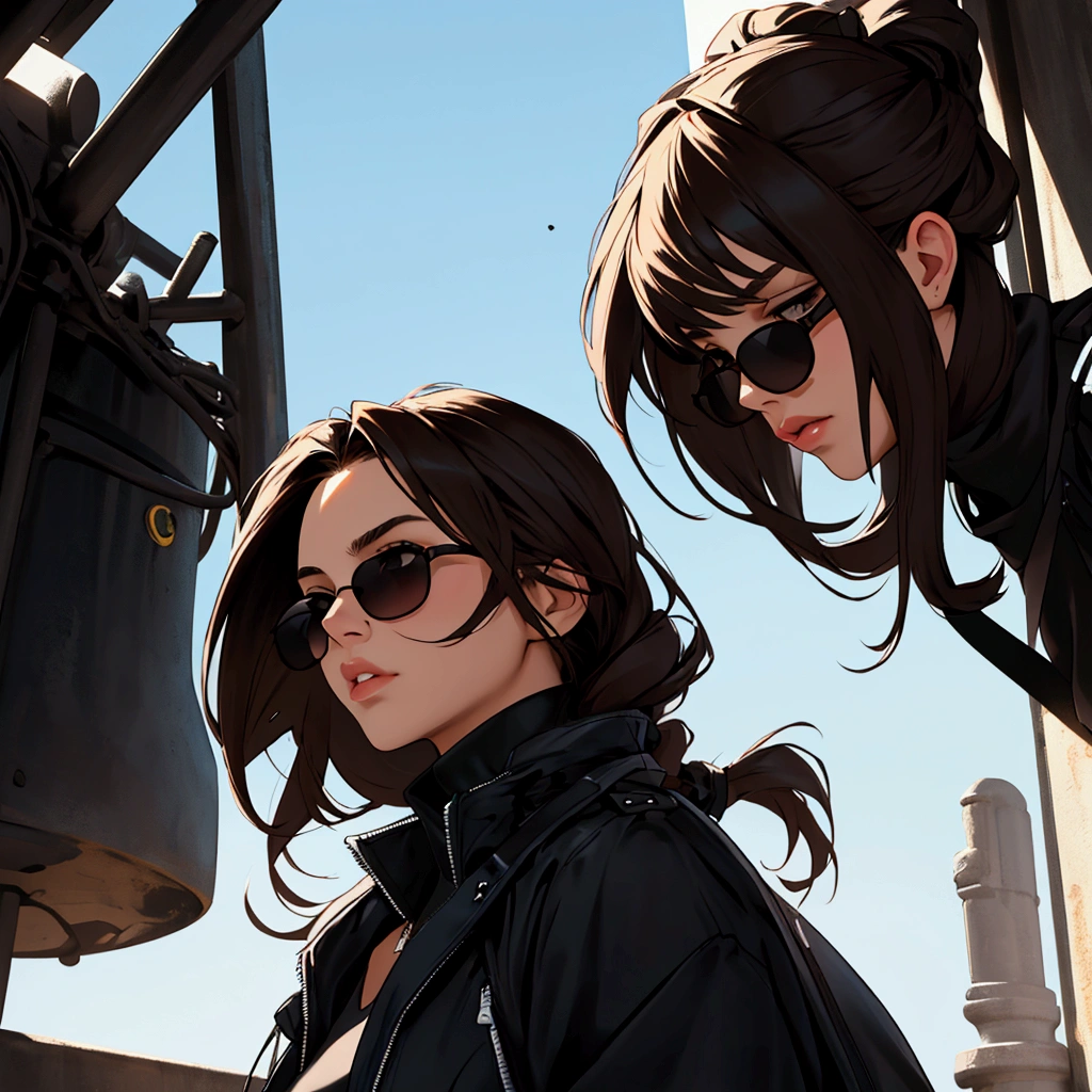Create profile of young woman with dark brown hair looking straight ahead with chin up, to wear black sunglasses, that the entire head and hair are visible