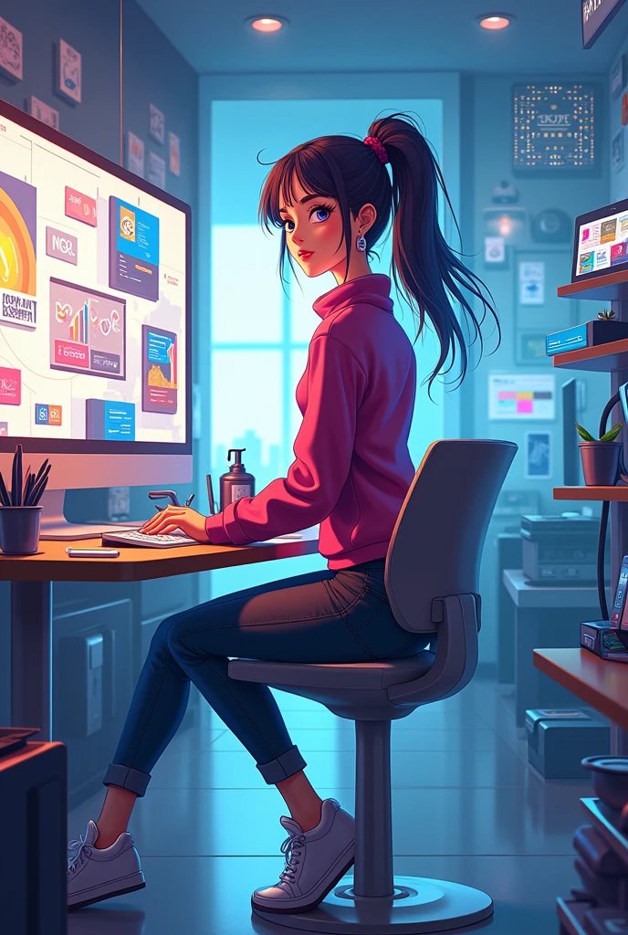 make an anime image of a graphic design girl
