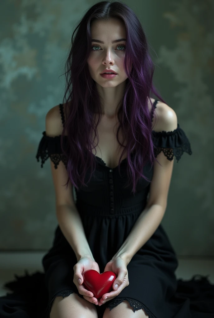 English woman,20 year, very white light skin,sparkling green eyes,long dark purple hair  ,ripped black dress,kneeling crying,holding a heart,full focus,cinema image,品質,full body images,detailed,Photography,