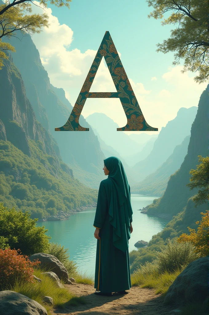 A muslim girl in beautiful location standing in front of Alphabet 'A'