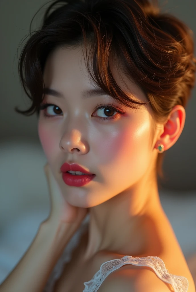 (raw photo, Best Quality), (realist, photo-realist:1.3), Best Quality ,masterpiece, (cherryNobodySD15), ((big ass, big breasts)), (beautiful girl), pink lipstick, colorful makeup, long eyelashes, earrings, using eyeliner, White skin, by rubio,(Beautiful), (detailed face), detailed eyes, Detailed iris, 8k hd, DSLR, Soft lighting, high quality, film grain, beautiful detailed eyes, beautiful detailed nose, detailed vaginal, realist face, pink pussy, light smile, (Very detailed face: 1.5), Fujifilm XT3, Best Quality, ultra detailed, masterpiece, finely detail, superiors, 8K Wallpaper, pixie cut