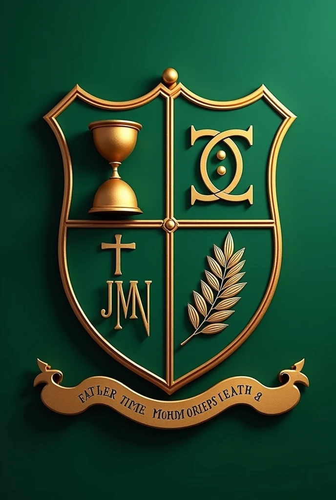 Coat of arms classic shield, in green divided into 4 parts.in one of the parts golden hourglass green background, In another part símbolo de esculápio dourado. In another part:Initials "JMN" in a classic serif font, In gold, on a green background. Elsewhere An olive branch, em prata on a green background. Below the shield, in a wavy strip, the phrase in latin "Father Time, Mother Health" in golden letters, with the blank strip