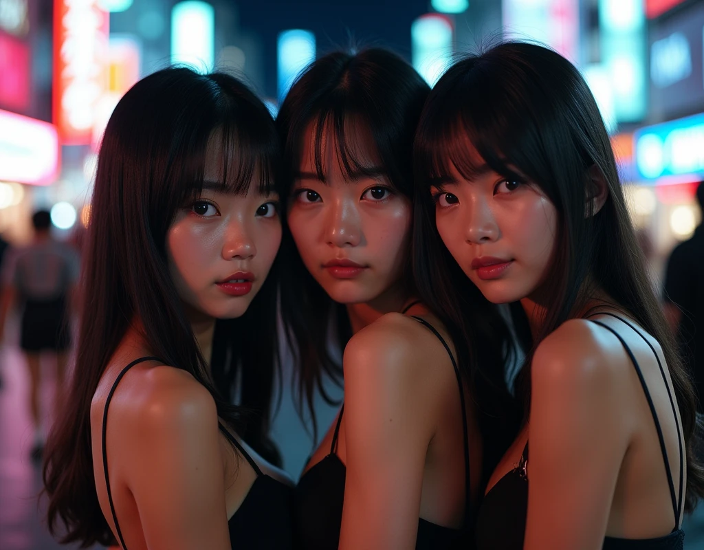 Highest quality, masterpiece, Ultra-high resolution, (Realistic:1.4), Raw photo, Very detailed, Perfect Anatomy,
In the middle of the night, On the streets of Shibuya, Tokyo,
Three people, Group photo, 最も有名な日本のアイドルグループのメンバーEveryone, Everyone,
(((Everybody tripping on cocaine, getting high on cocaine, completely drunk))), Everyone has an innocent smile,
Very cute face with all the details, All detailed very large solid black eyes, Very beautiful hair with all the details, Very beautiful body with all the details