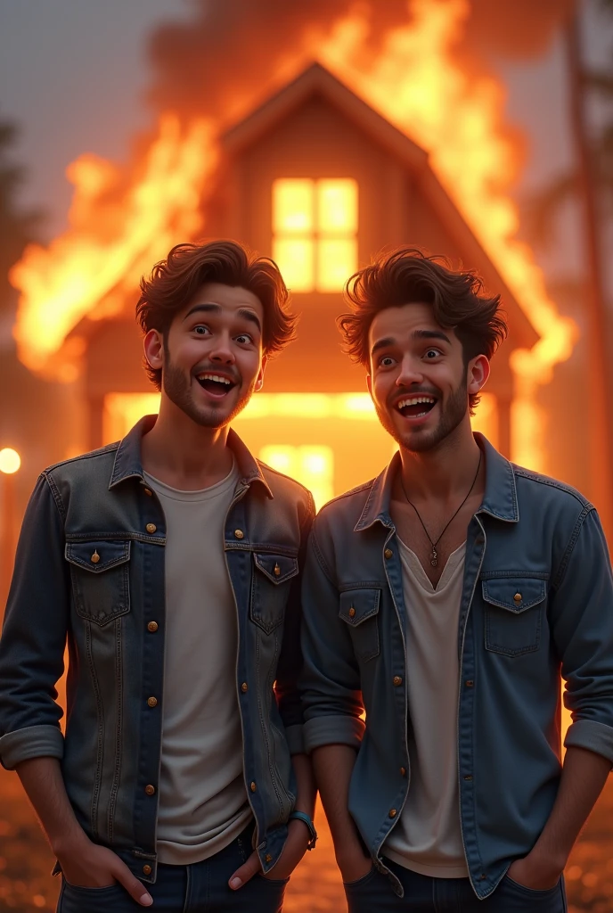 Give me a drawing of two male friends standing, side-by-side, one with a denim jacket, another with a dress shirt, in the background a house is on fire, and they both have a fun expression