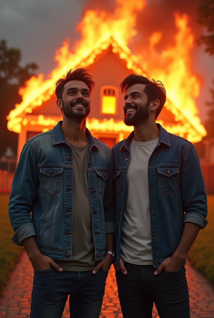 Give me a drawing of two male friends standing, side-by-side, one with a denim jacket, another with a dress shirt, in the background a house is on fire, and they both have a fun expression