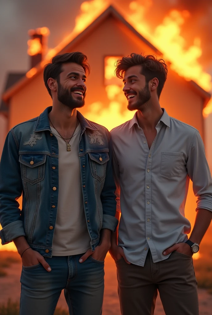 Give me a drawing of two male friends standing, side-by-side, one with a denim jacket, another with a dress shirt, in the background a house is on fire, and they both have a fun expression