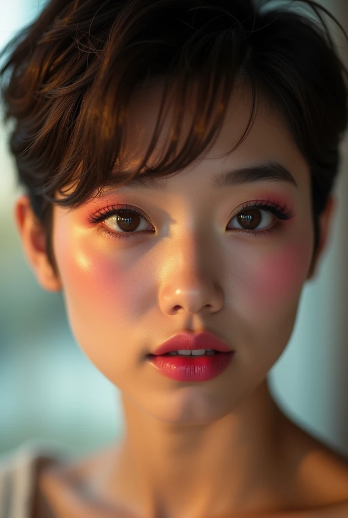 (raw photo, Best Quality), (realist, photo-realist:1.3), Best Quality ,masterpiece, (cherryNobodySD15), ((big ass, big breasts)), (beautiful girl), pink lipstick, colorful makeup, long eyelashes, earrings, using eyeliner, White skin, by rubio,(Beautiful), (detailed face), detailed eyes, Detailed iris, 8k hd, DSLR, Soft lighting, high quality, film grain, beautiful detailed eyes, beautiful detailed nose, detailed vaginal, realist face, pink pussy, light smile, (Very detailed face: 1.5), Fujifilm XT3, Best Quality, ultra detailed, masterpiece, finely detail, superiors, 8K Wallpaper, pixie cut