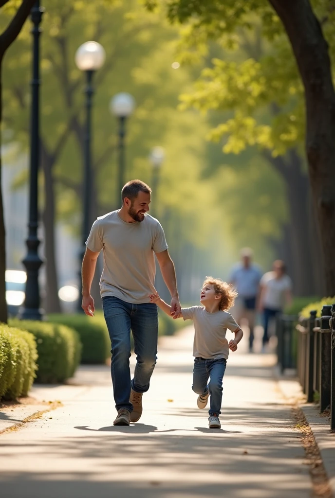 I need a picture basically Father and son play with each other on and footpath and background is blur but in back the car and people walking