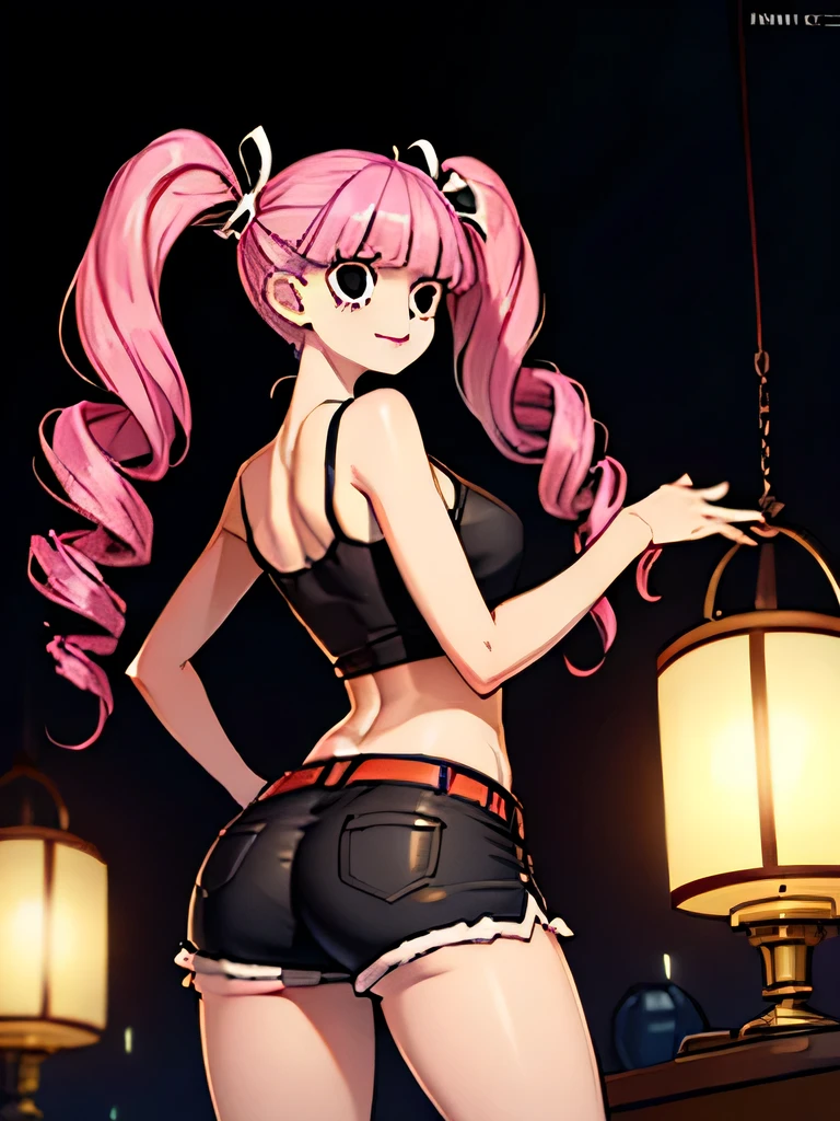 ass, from behind, ass cheeks, sexy pose, looking at the viewer, masterpiece, high res, beautiful art, professional artist, 8k , Ultra detailed backgrounds, Delicate pattern, Intricate High Details, highly detailed, finedetail, Best quality, Beautiful lighting, small breasts, lean girl, Very thin girl, Perona, 1girl, solo, circle-shaped eyes, black eyes, red boots, midriff, twintails, twin drills, pink hair, black shorts with red belt, black tank top, perfect antomy, black and white striped golf, standing cross-legged, castle background, vintage lanterns in the background, white ghosts flying around with a sweet smile, two hand hold her own ass, Perona grabs her own ass, two hand holds her own ass