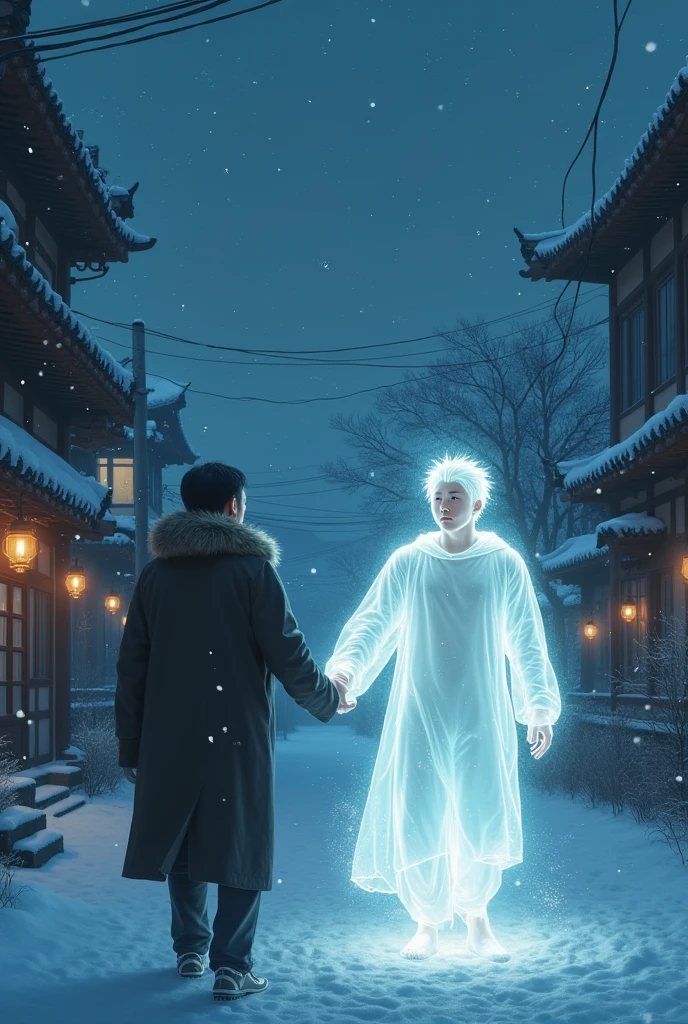 An Asian man walking on a snowy night in the streets of Korea looking up at the stars and the spirit of a young-looking man with mullet hair grabs his hand without him realizing it at his side