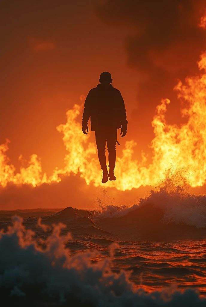 A photo of the sea burning with a man in a black cap silhouette levitating above the fire