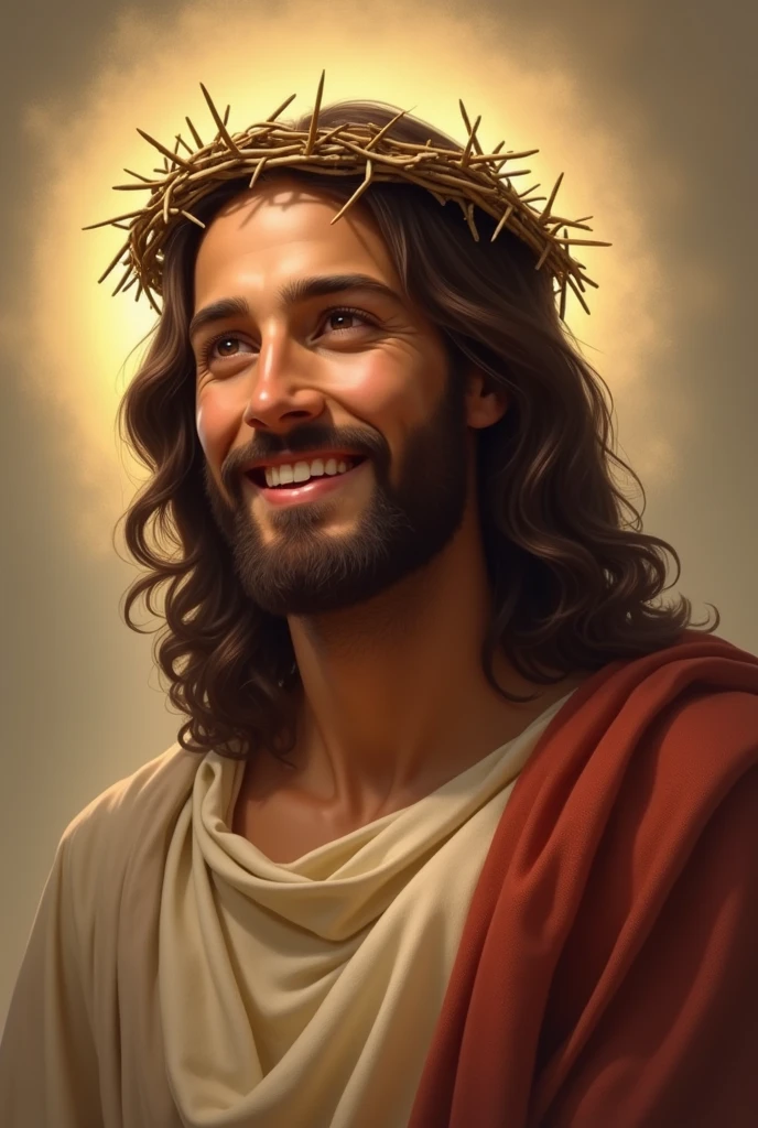 A serene image of Jesus Christ with a crown of thorns on His head. He is depicted with a peaceful and gentle smile, radiating compassion and warmth. The background is soft, with warm tones that highlight His expression of kindness. His eyes are soft and inviting, conveying a deep sense of love and understanding. The lighting emphasizes the gentle features of His face, creating a calm and comforting atmosphere. The crown of thorns is delicately placed, with small shadows that enhance the depth and realism of the image. Jesus' attire is simple, with a traditional robe that drapes naturally over His shoulders, adding to the overall serene and divine presence.