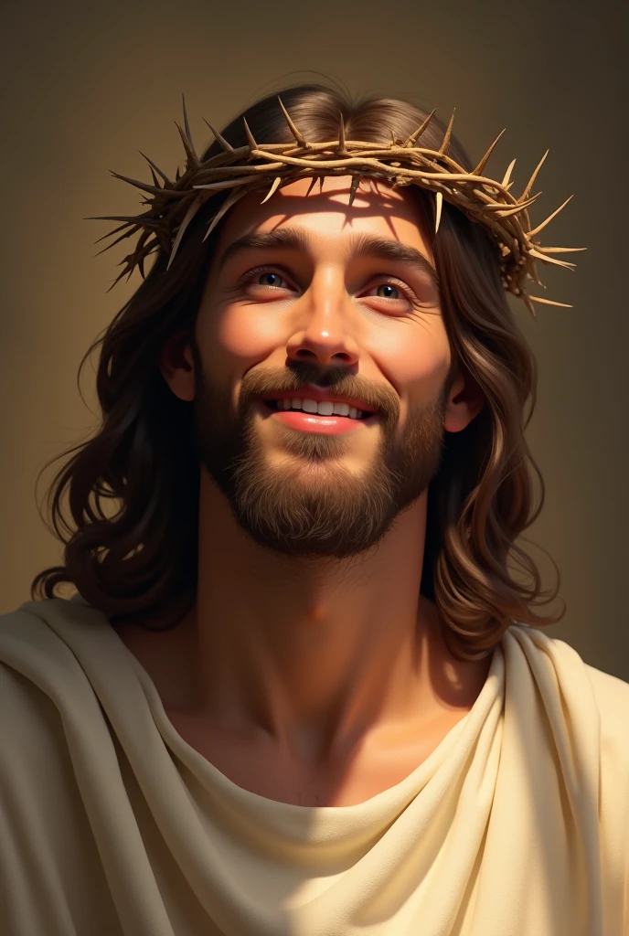 A serene image of Jesus Christ with a crown of thorns on His head. He is depicted with a peaceful and gentle smile, radiating compassion and warmth. The background is soft, with warm tones that highlight His expression of kindness. His eyes are soft and inviting, conveying a deep sense of love and understanding. The lighting emphasizes the gentle features of His face, creating a calm and comforting atmosphere. The crown of thorns is delicately placed, with small shadows that enhance the depth and realism of the image. Jesus' attire is simple, with a traditional robe that drapes naturally over His shoulders, adding to the overall serene and divine presence.