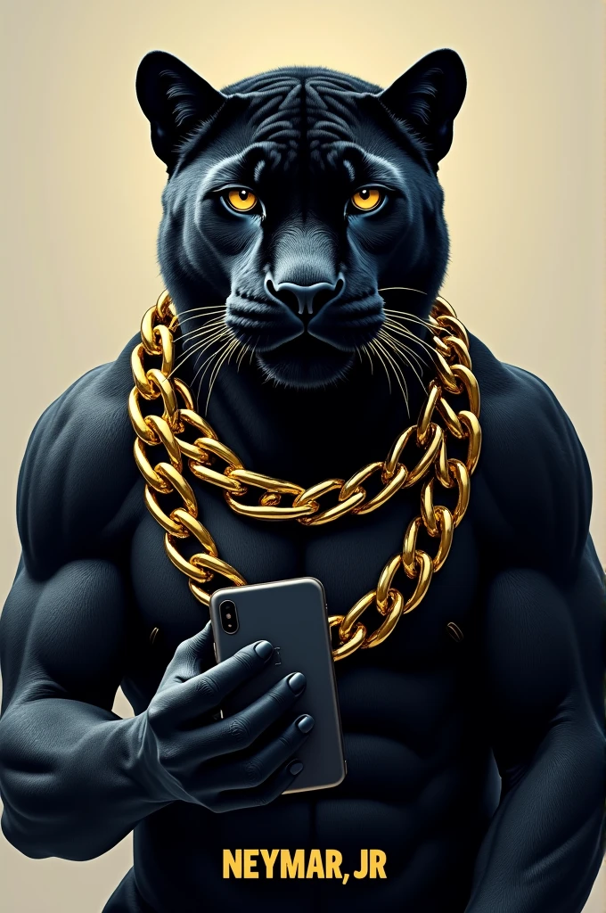 Create me a panther with a gold chain and a phone in his hand and below write NEYMAR JR 
