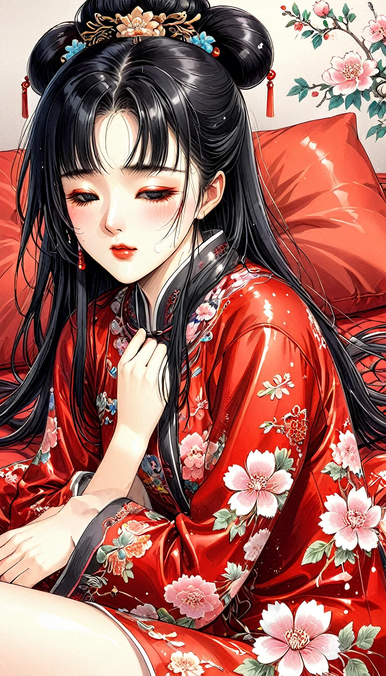 One woman　She is a beautiful 1 Chinese kung fu princess with long black hair.　Gorgeous embroidery, Ultra glossy, She is wearing shiny red long sleeve floral pajamas....　After being subjected to intense sexual acts for the sake of procreation, she is laid down on a red futon and sleeps, exhausted.　She spread her legs wide and cum spilled out of her hairy pussy.　aftersex she closes her eyes, blushes and cries