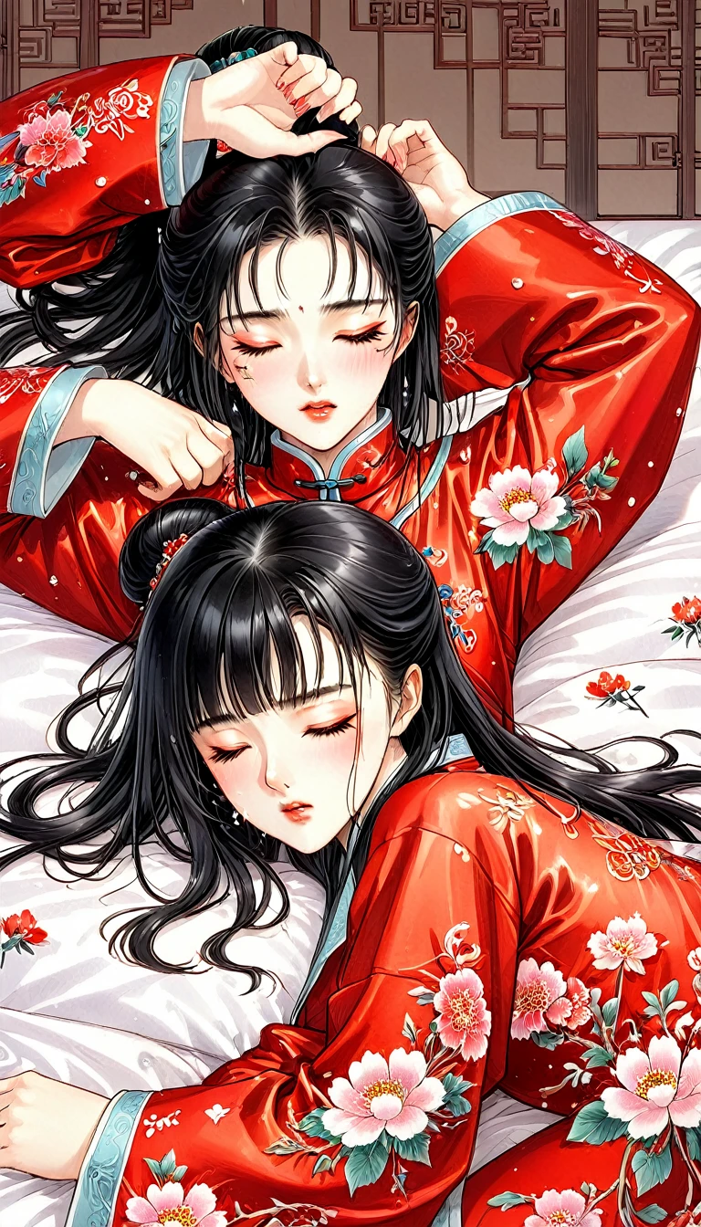 One woman　She is a beautiful 1 Chinese kung fu princess with long black hair.　Gorgeous embroidery, Ultra glossy, She is wearing shiny red long sleeve floral pajamas....　After being subjected to intense sexual acts for the sake of procreation, she is laid down on a red futon and sleeps, exhausted.　She spread her legs wide and cum spilled out of her hairy pussy.　aftersex she closes her eyes, blushes and cries