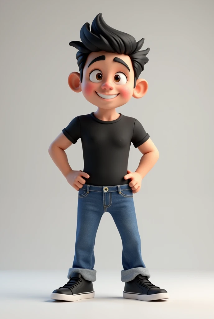 Create a super animated 3D mascot male with dark hair and no beard who wears jeans and a black shirt without logo and black sneakers. I want this dark-haired mascot.