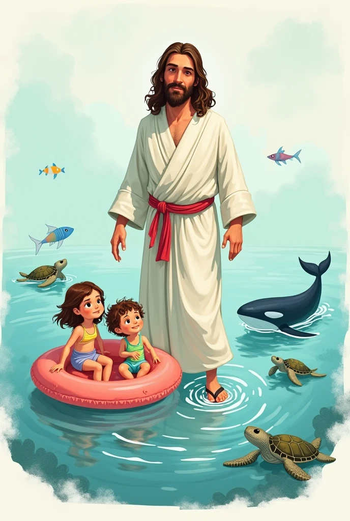 Create a shirt art with a DRAWING of JESUS dressed, in the sea, with 2 cute kids on the float, put fish, whale and turtles.
Blended background I want the image in drawing