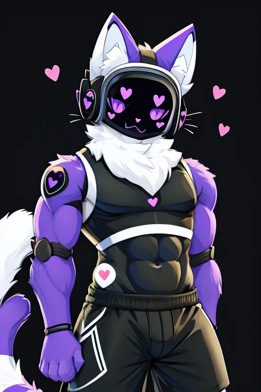 Big black and white cat , black robot helmet with a purple kawaii cat face, muscular, furry, black sleeveless shirt, Morados shorts, with heart stickers on the body