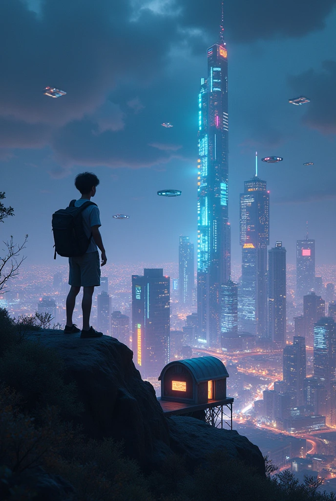 We are in the year 3000 and a teenager is watching from the top of a hill in the middle of the night the most futuristic and luxurious city on the entire planet., Next to the young man is a hut made of futuristic garbage where he lives.