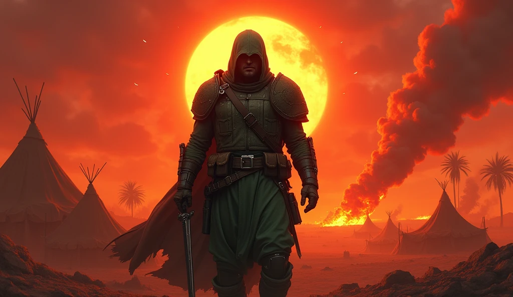 A men who weared green battle suit which are hung up in land and his chest across sword Sun set, blood sky, burning tents, burning date trees