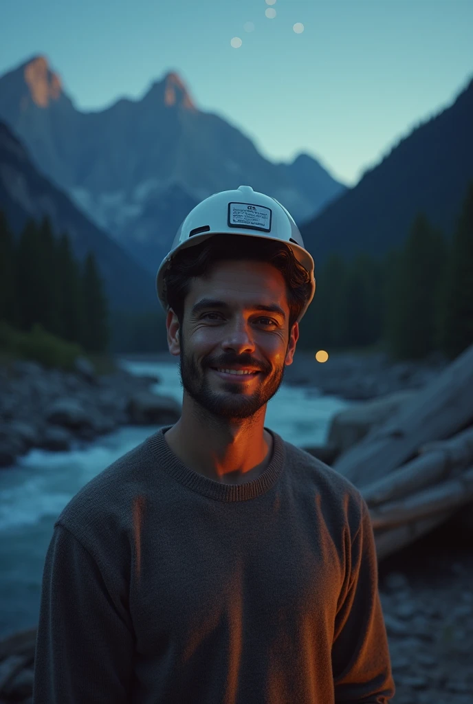 photorealistic, Best Quality, hyper detailed, Beautiful man, autophoto, Upper part of the body, Alone, wearing sweater, outdoor, (evening), mountains, real life nature, stars, officer, (happy, happy), sleeping bag, gloves, sweater, white work helmet, flashlight, forest, rocks, river, wood, smoke, fog, clear sky, analog style, looking at the viewer, skin texture, film grain, close up, ultra high resolution, best shadow, raw, InstagramLUT