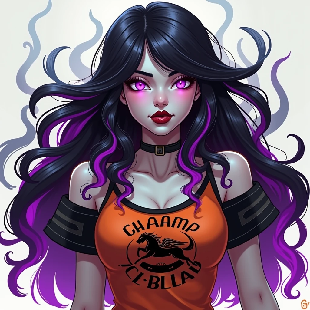 Create image for me : universo percy jackson + age girl + has hair as black as night+ fluorescent neon purple tips+Your skin is white+ purple slanted eyes+ neon purple color+ black lips +red cheeks+more imposing and powerful appearance+ sexy hourglass body+ orange outfit+ Written " Camp Half Blood"+ pegasus on the shirt as a symbol+ caminhando no Camp Half Blood+ semi realistic image +digitl art