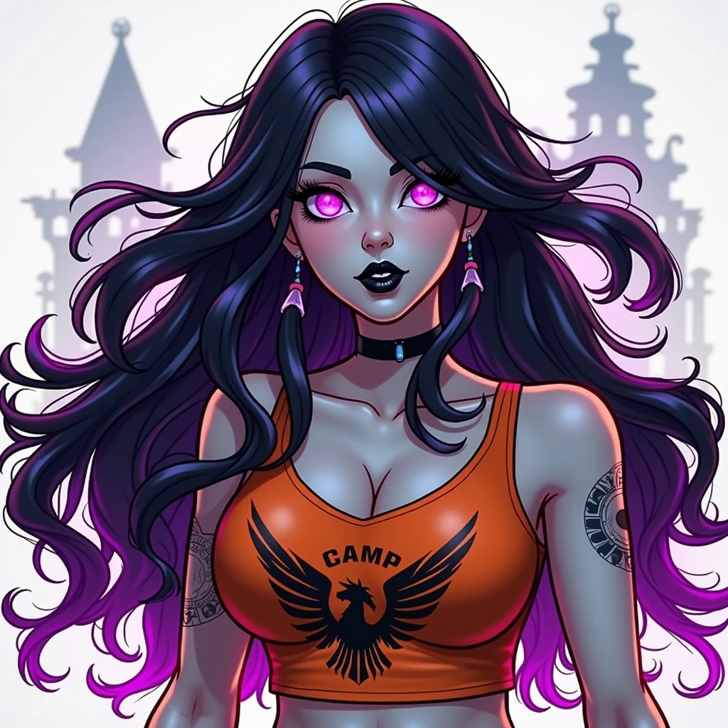 Create image for me : universo percy jackson + Teenage girl + has hair as black as night+ fluorescent neon purple tips+Your skin is white+ purple slanted eyes+ neon purple color+ black lips +red cheeks+more imposing and powerful appearance+ sexy hourglass body+ orange outfit+ Written " Camp Half Blood"+ pegasus on the shirt as a symbol+ caminhando no Camp Half Blood+ semi realistic image +digitl art