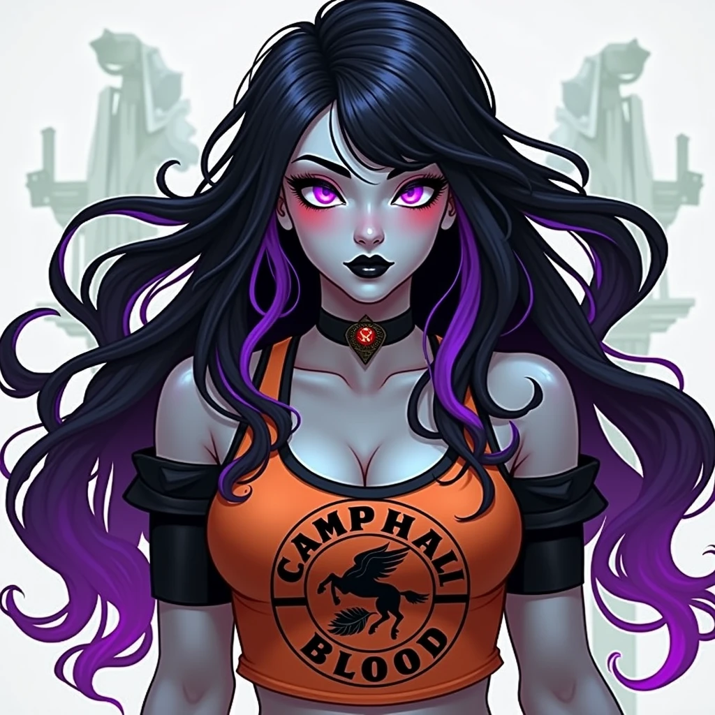 Create image for me : universo percy jackson + Teenage girl + has hair as black as night+ fluorescent neon purple tips+Your skin is white+ purple slanted eyes+ neon purple color+ black lips +red cheeks+more imposing and powerful appearance+ sexy hourglass body+ orange outfit+ Written " Camp Half Blood"+ pegasus on the shirt as a symbol+ caminhando no Camp Half Blood+ semi realistic image +digitl art
