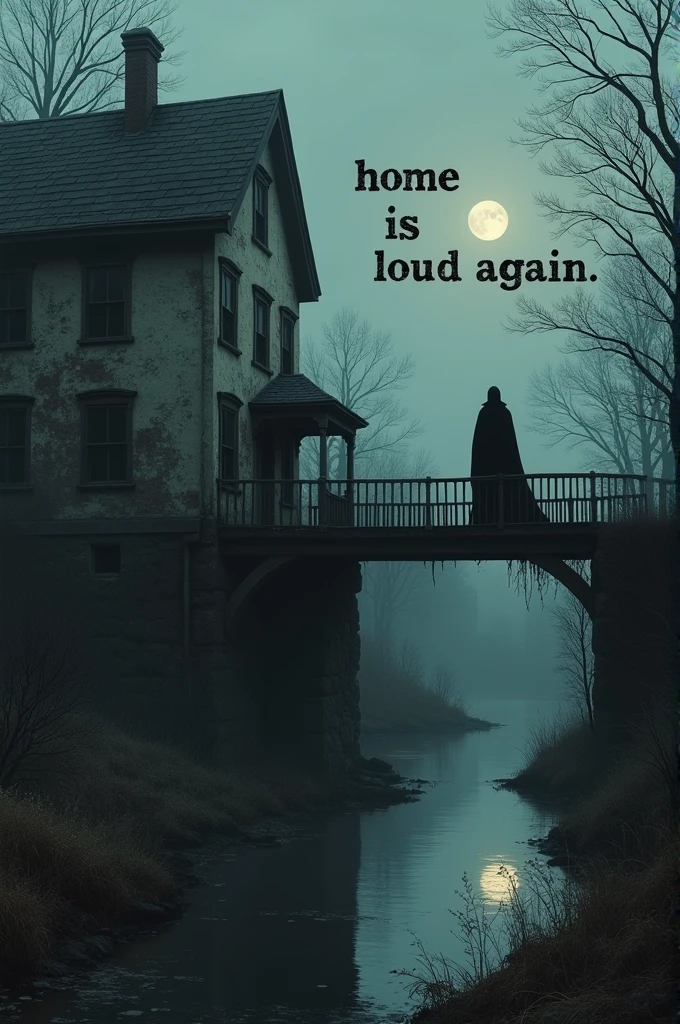 A picture of a gloomy house, in the background a black figure standing on the edge of a bridge, in the middle is a text "Home is loud again"