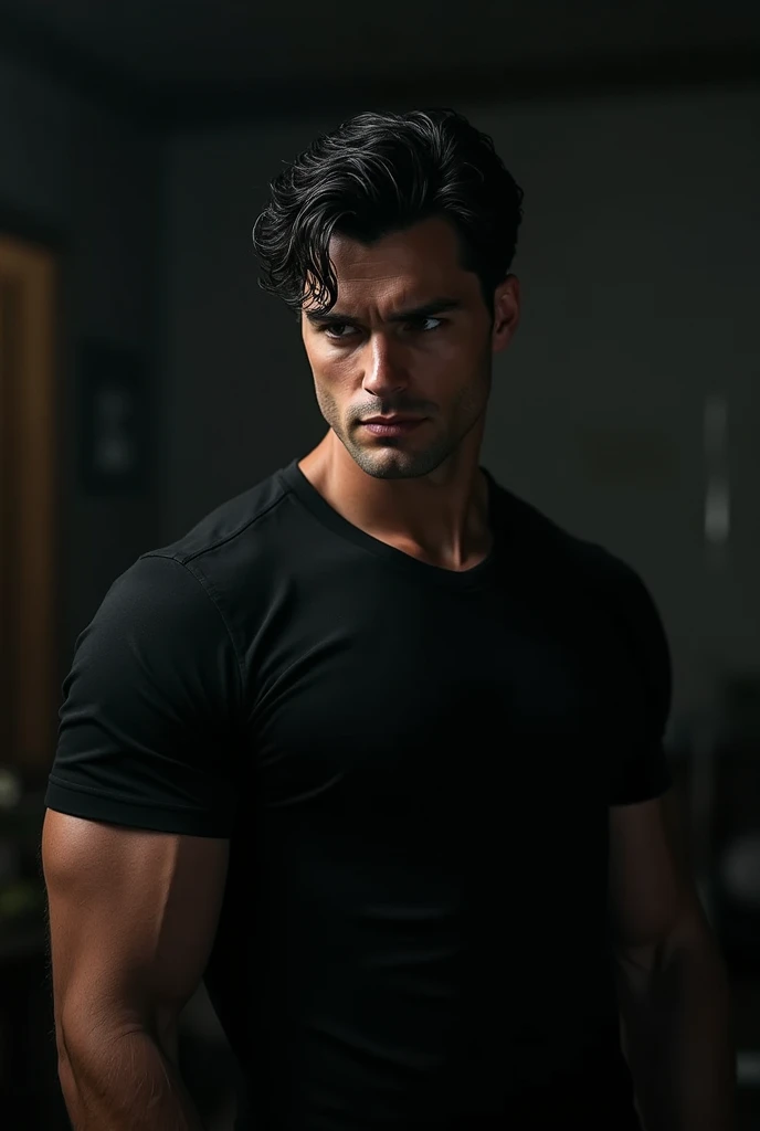 Young Bruce Wayne man black hair, big muscular body, black t-shirt, in a dark room closeup face short