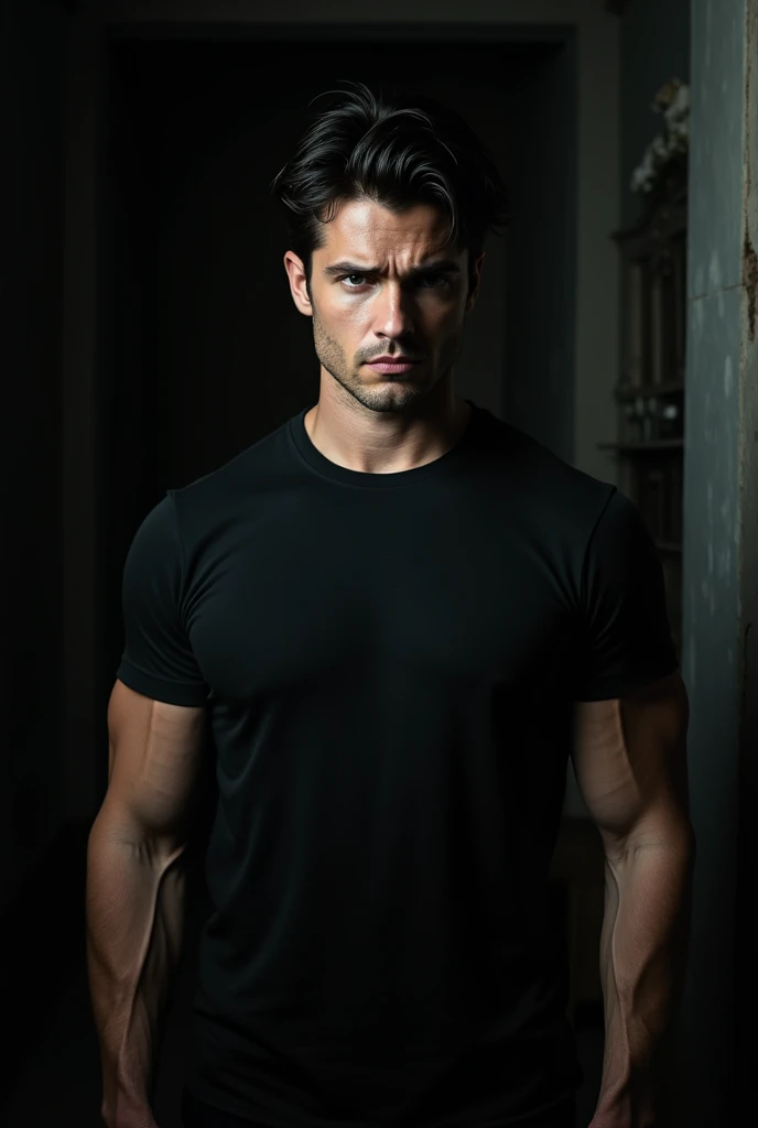 Young Bruce Wayne man black hair, big muscular body, black t-shirt, in a dark room closeup face short