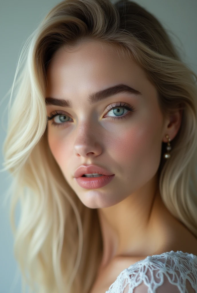 Ultra réaliste, Visage femme caucasienne, cheveux légèrement décoloré, très attirante et belle, levres pulpeuses, regard seducteur, sourcil épais, visage découvert