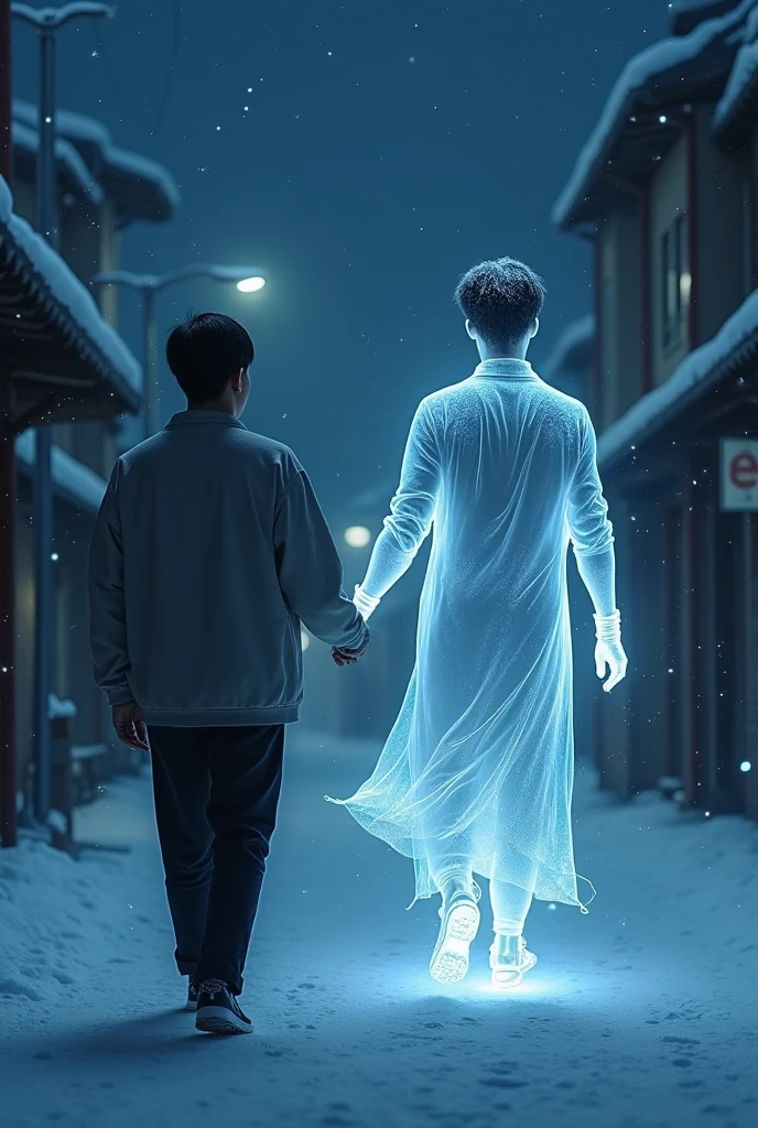 An Asian man walking on a snowy night in the streets of Korea looking up at the stars and the spirit of a young-looking man with mullet hair grabs his hand without him realizing it, both of them standing next to him with their backs turned