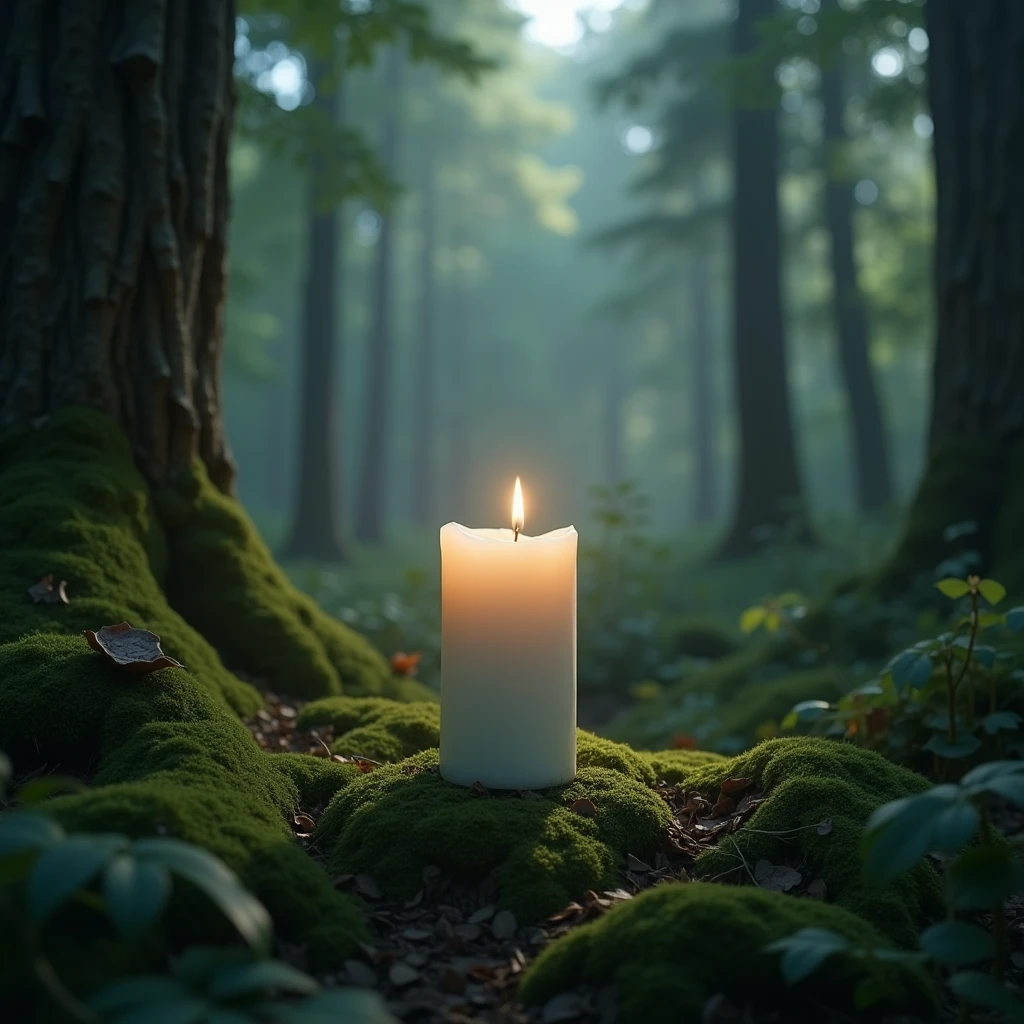 White candle in a forest and a lot of tranquility, realistic image