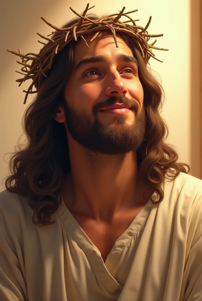 A serene image of Jesus Christ with a crown of thorns on His head. He is depicted with a peaceful and gentle smile, radiating compassion and warmth. The background is soft, with warm tones that highlight His expression of kindness. His eyes are soft and inviting, conveying a deep sense of love and understanding. The lighting emphasizes the gentle features of His face, creating a calm and comforting atmosphere. The crown of thorns is delicately placed, with small shadows that enhance the depth and realism of the image. Jesus' attire is simple, with a traditional robe that drapes naturally over His shoulders, adding to the overall serene and divine presence.