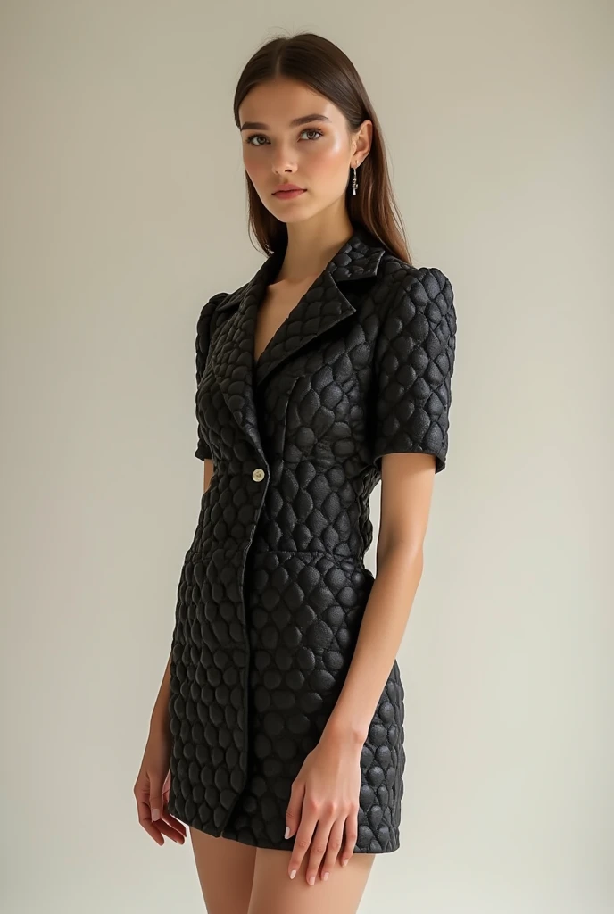 European woman model wearing a skirt and short blouse set with the same fabric in thick relief