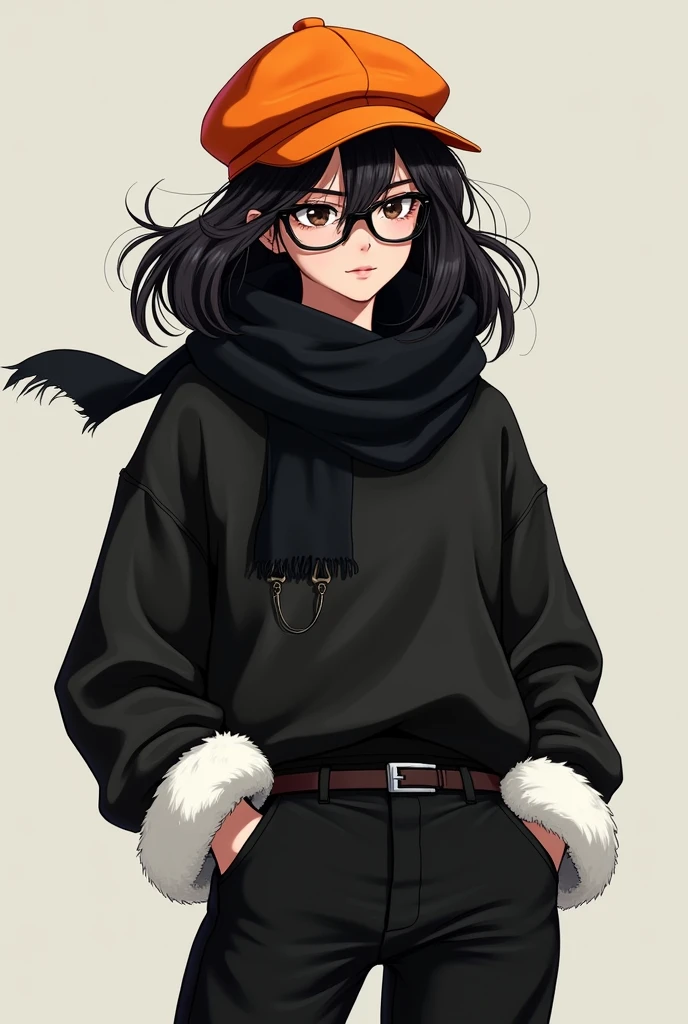 Black-haired female character with an orange hat with glasses and a black scarf with a black sweatshirt and black pants with white fur

