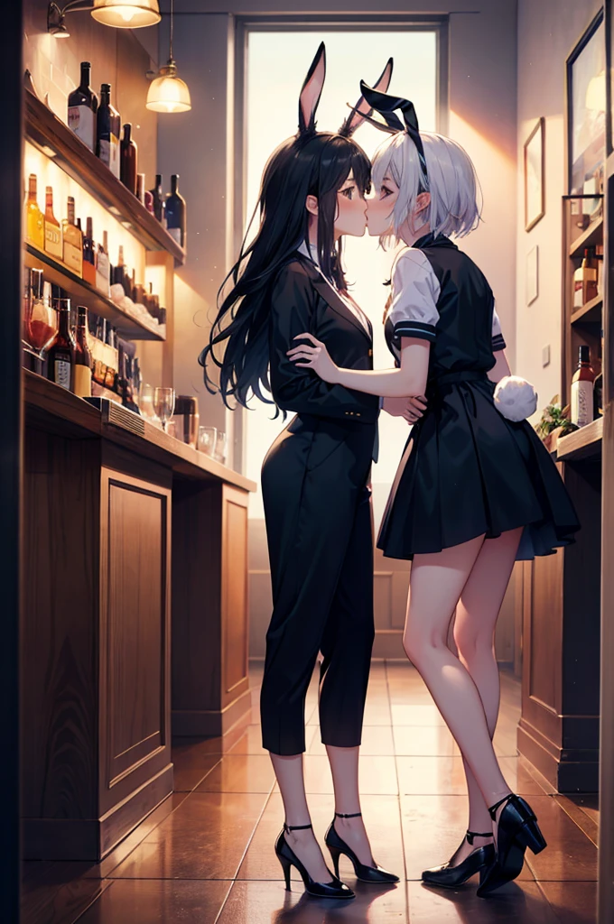 (masterpiece), 4K,{{{2 women}}}, Bunny girl,Lesbian,shoes,bar,Random Hairstyles,Bunny ears,kiss,((Lesbian Kiss)),Shooting from afar,stand