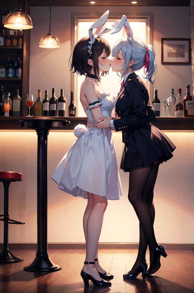 (masterpiece), 4K,{{{2 women}}}, Bunny girl,Lesbian，shoes，bar,Random Hairstyles,Bunny ears,kiss,((Lesbian Kiss)),Shooting from afar,stand