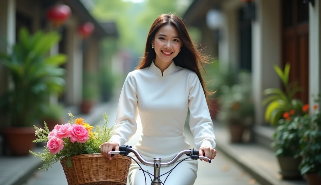Make a photo of a Vietnamese female model wearing a white Ao Dai. Riding a bike on an old street. 85mm lens. bright. realistic. Focus your eyes well. Full shot. Make a basket and a bouquet of flowers in front of the bike. Make your fingers nice.