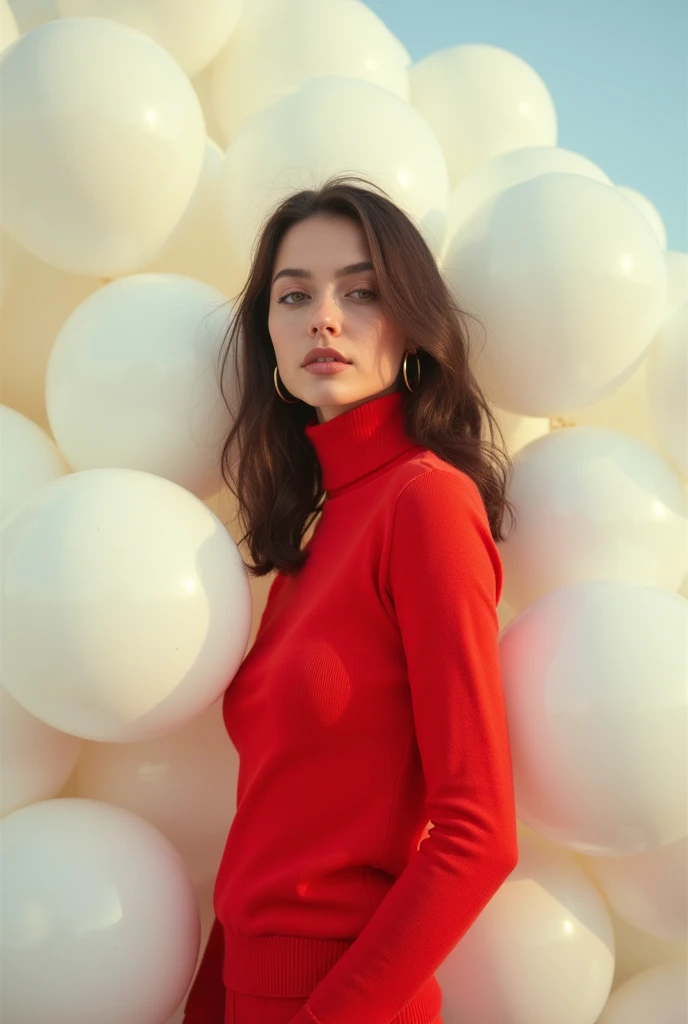 masterpiece, Best Quality, very detailed background, perfect lightingBest Quality,Fashion portrait photo of a beautiful 60s young woman in a red turtleneck sweater standing in the middle of a ton of white balloons., Taken with a Hasselblad medium format camera.