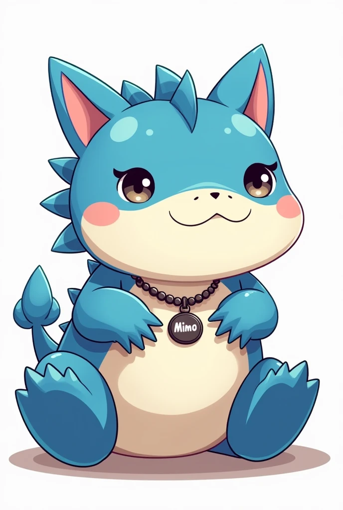 Create a dragon mascot, color Png image : Blue and white shape : Fat, short, round, figure style : Anime cartoon appearance : Like a cute cat without horns and accessories : There is a necklace with the word Mimo hanging on it. Dressing up : Gangster style, pose :  Sit down