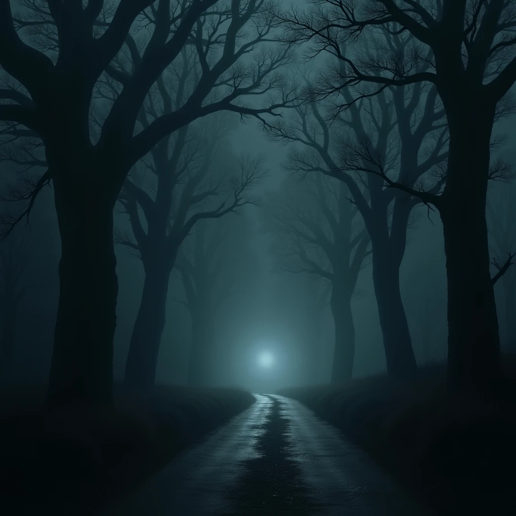 "A deserted road at night, shrouded in darkness. Tall, shadowy trees bend, and the wind seems to whisper secrets."