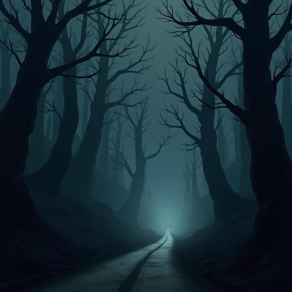 "A deserted road at night, shrouded in darkness. Tall, shadowy trees bend, and the wind seems to whisper secrets."