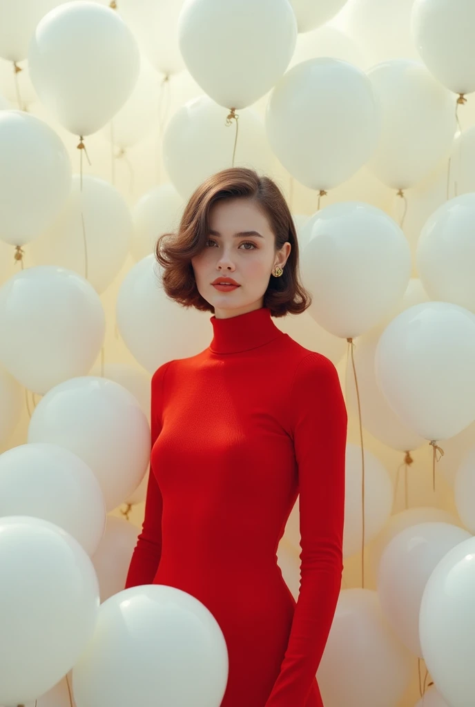 masterpiece, Best Quality, very detailed background, perfect lightingBest Quality,Fashion portrait photo of a beautiful 60s young woman in a red turtleneck sweater standing in the middle of a ton of white balloons., Taken with a Hasselblad medium format camera.