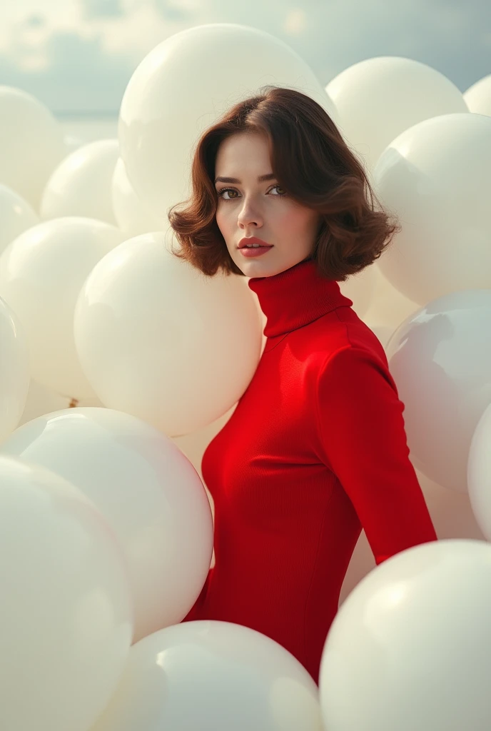 masterpiece, Best Quality, very detailed background, perfect lightingBest Quality,Fashion portrait photo of a beautiful 60s young woman in a red turtleneck sweater standing in the middle of a ton of white balloons., Taken with a Hasselblad medium format camera.