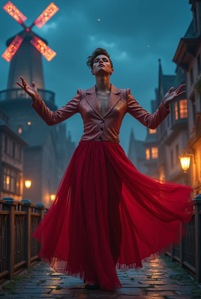 Illustrate singer Justin Bieber as a Dungeons and Dragons illusionist, wearing a feminine sequin blouse and a red cabaret skirt, he sings and dances on top of a bridge in a medieval town at night with a large windmill in the background. 8k realistic.