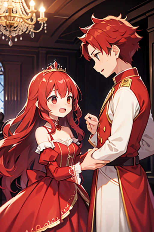 Female character with wavy red hair parted on two sides, wearing a red princess dress, in a ballroom 